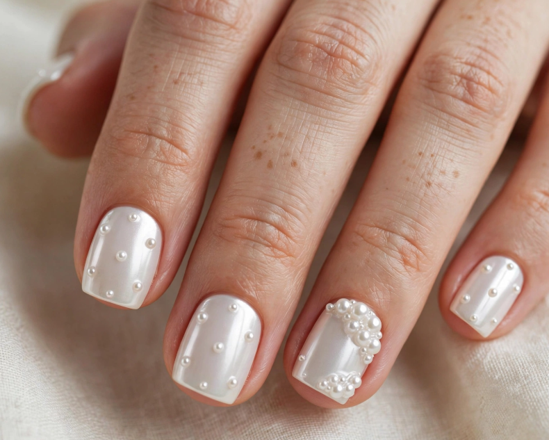 chrome with tiny pearls short nails wedding manicure pearl white