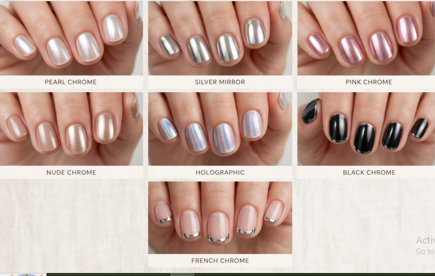 A comprehensive multi-panel collage showcasing seven short chrome nail styles: Pearl Chrome, Silver Mirror, Pink Chrome, Nude Chrome, Holographic, Black Chrome, and French Chrome.