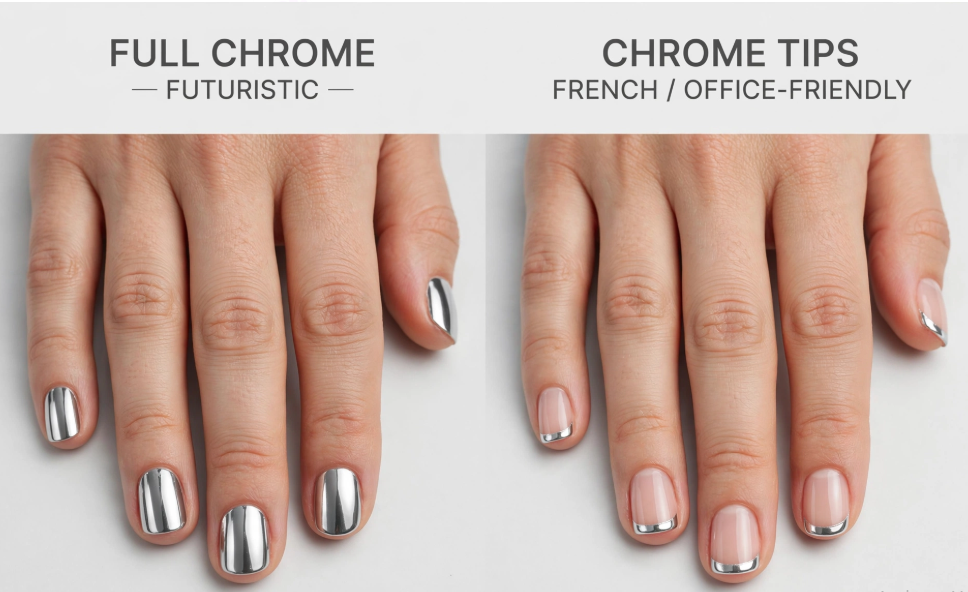 A two-panel comparison showing short nails with full chrome futuristic metallic finish on the left and office-friendly chrome French tips on the right