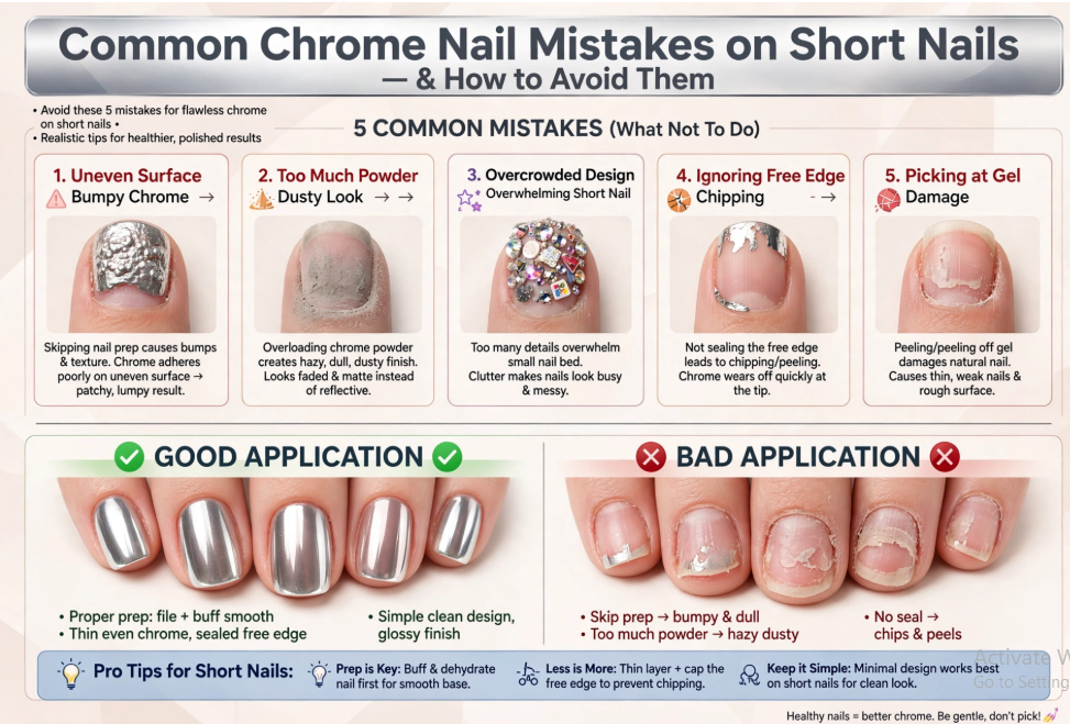 An informational graphic detailing five common chrome nail mistakes on short nails and how to avoid them, covering uneven surfaces, too much powder, overcrowded designs, ignoring the free edge, and picking at gel damage.