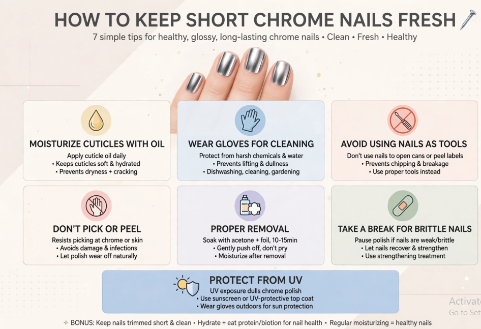 An infographic outlining seven simple tips for maintaining fresh, healthy, and long-lasting short chrome nails, including moisturizing cuticles, wearing gloves, avoiding nails as tools, proper removal, taking breaks for brittle nails, and UV protection.