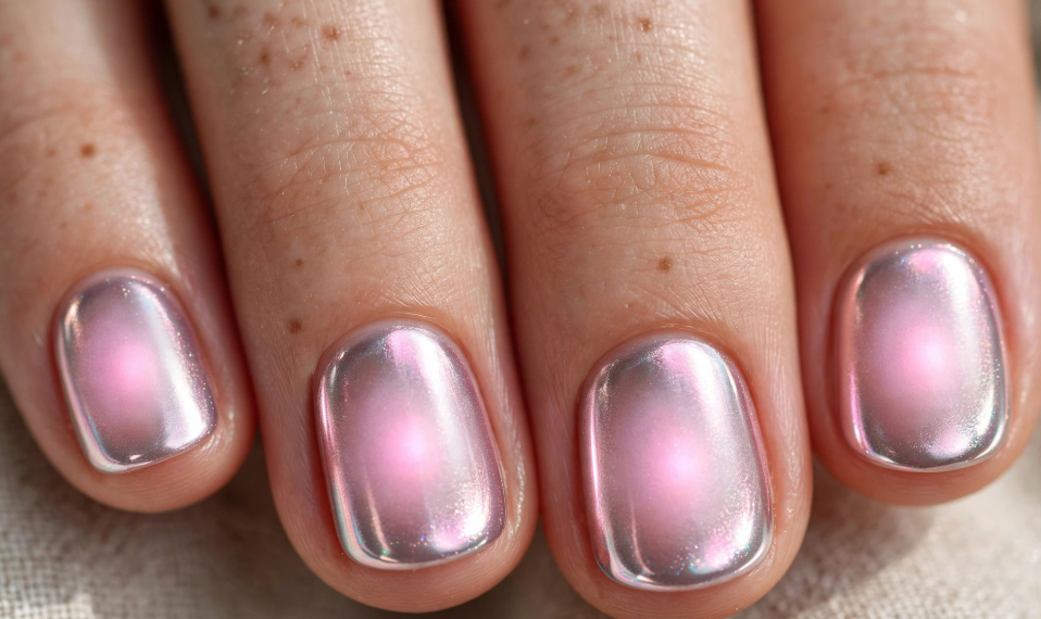 Short square nails featuring a glowing pink aura chrome finish with a high-shine metallic border.