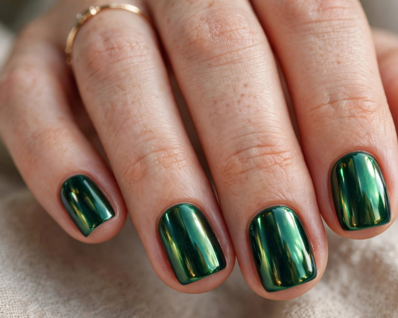 Short square nails featuring a rich, dark emerald green metallic mirror chrome finish, accented by a thin gold ring.