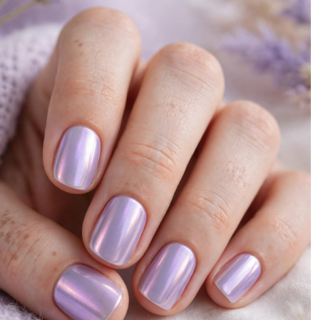 25 Chrome Nail Ideas for Short Nails Short square nails featuring a soft lavender chrome pearl finish with a high-shine reflective glow, resting against a matching purple knit fabric and lavender sprigs.
