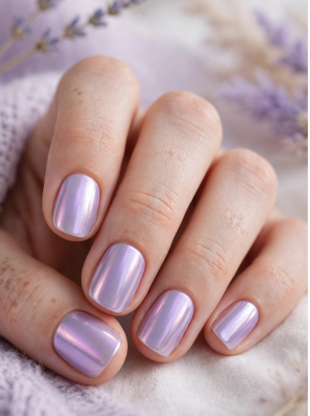 Short square nails featuring a soft lavender chrome pearl finish with a high-shine reflective glow, resting against a matching purple knit fabric and lavender sprigs.