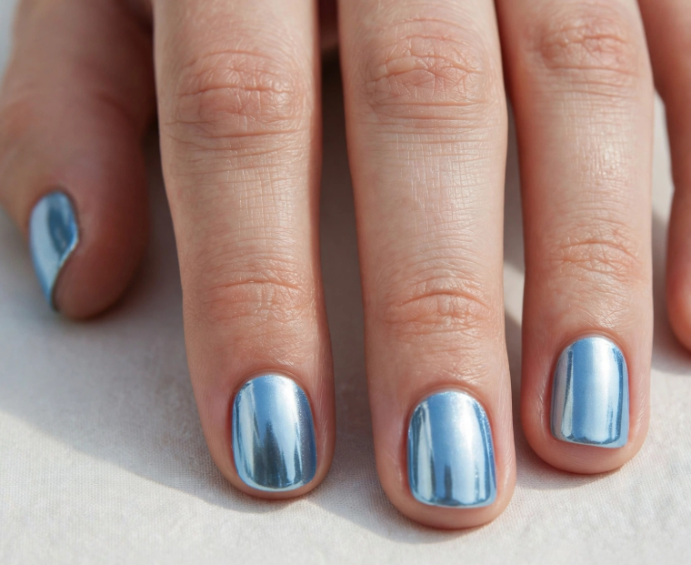 Short square nails featuring a vibrant metallic blue mirror chrome finish with a high-shine reflective surface.