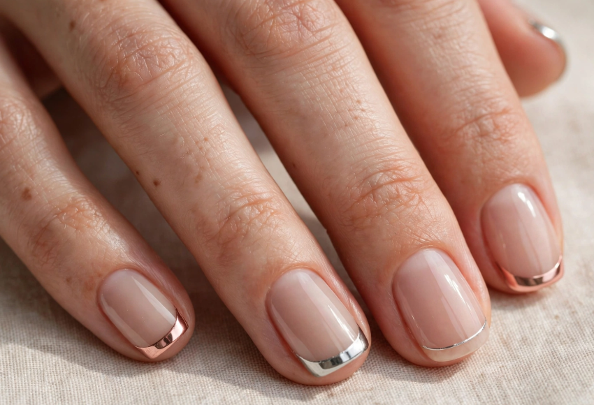 Short square neutral nude nails featuring delicate metallic chrome French tips in mixed rose gold and silver finishes.