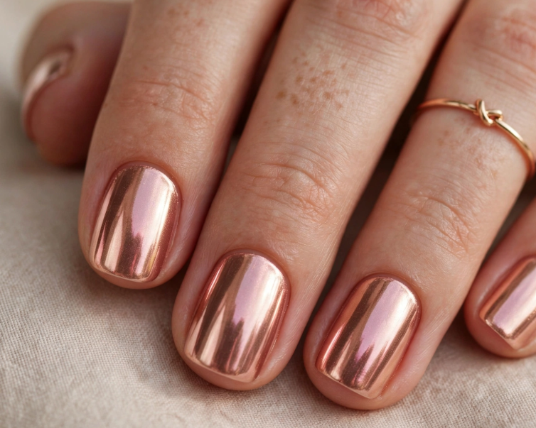 Short square nails featuring a luminous rose gold metallic chrome finish with a high-shine reflective glow, complemented by a thin gold knot ring.