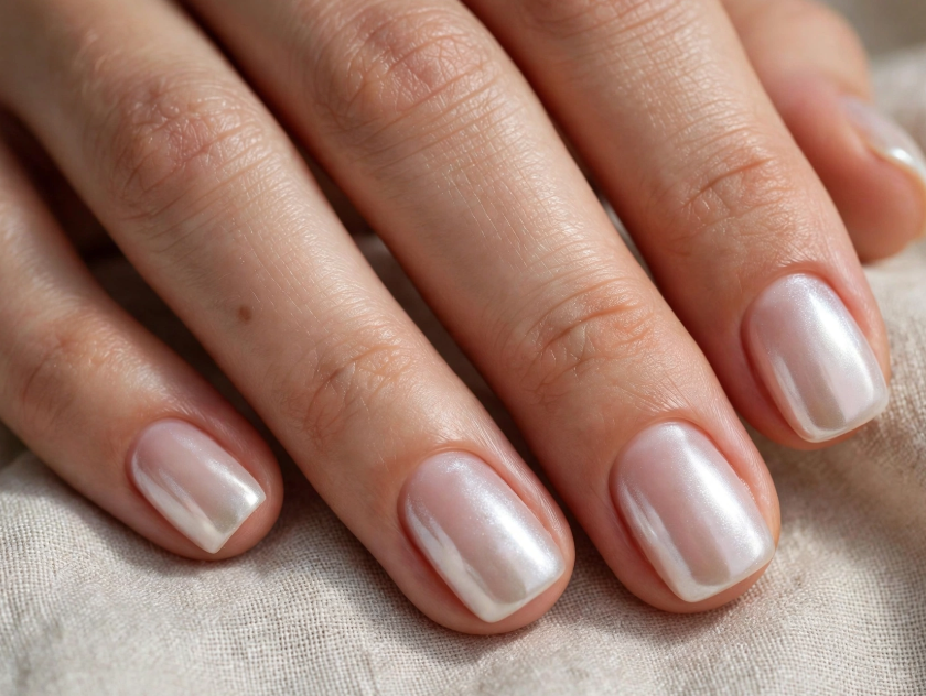 Short square nails featuring a luminous milky white pearl chrome finish with a high-shine reflective glow.   