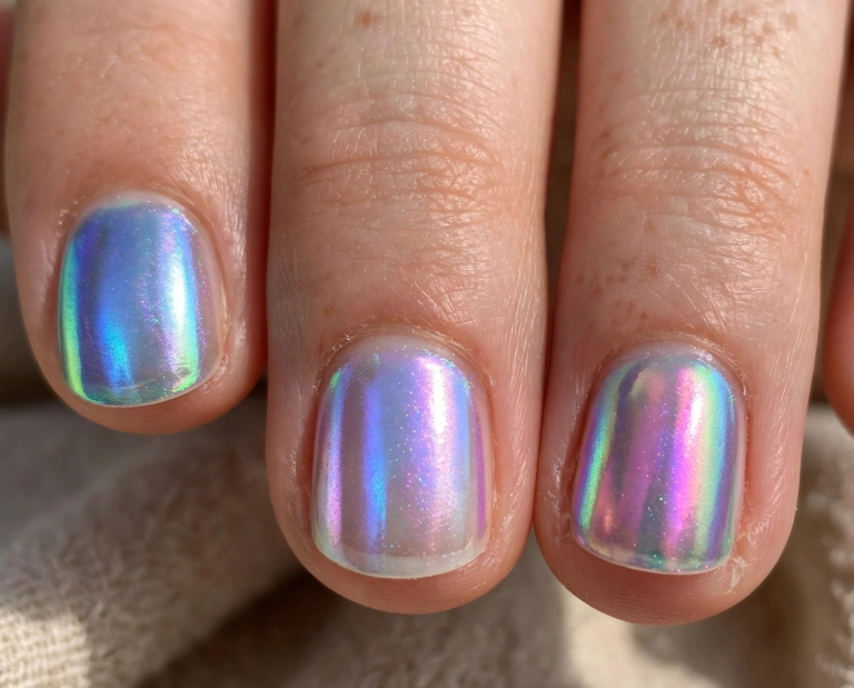 Short square nails featuring an iridescent holographic chrome finish with shifting pastel blue, purple, and green reflections.