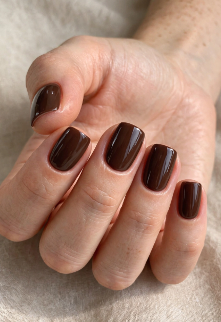 "25 brown nail ideas for short nails featuring mocha brown with minimal line details, chocolate brown glossy and bold, latte nude brown with soft latte nuance, and glossy brown with high gloss glaze."