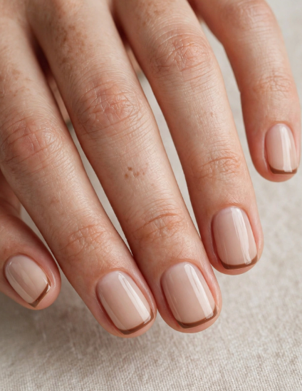 "Brown nail ideas for short nails showcasing a minimalist brown French tip design on short square neutral nails."