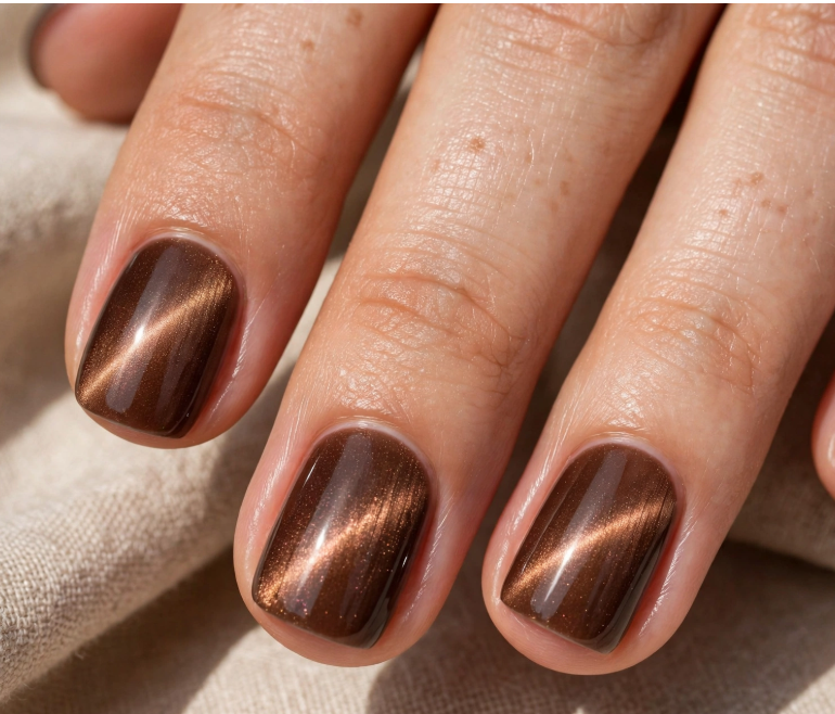 "Brown nail ideas for short nails featuring glossy magnetic cat-eye brown gel polish on short square nails."