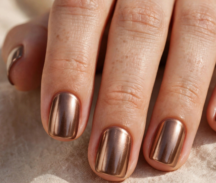 "Brown nail ideas for short nails featuring metallic bronze chrome polish on short square nails."