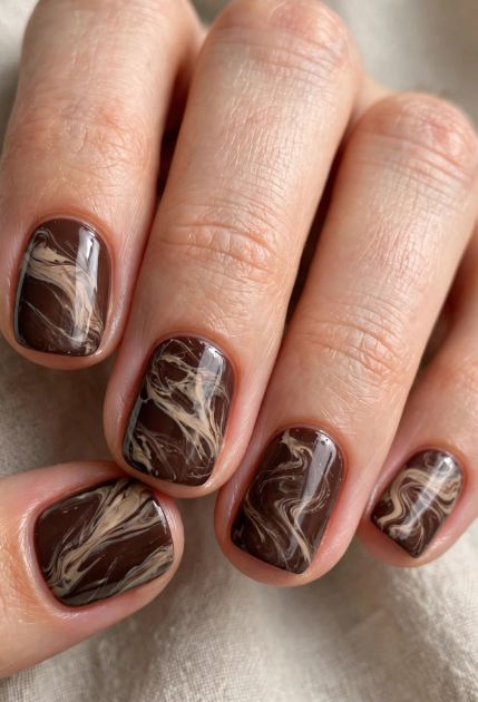 "Brown nail ideas for short nails showcasing glossy dark brown and cream marble swirl nail art on short square nails."