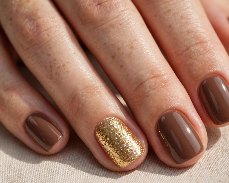 "Brown nail ideas for short nails showcasing glossy medium brown polish combined with an accent nail of sparkling gold glitter on short square nails."