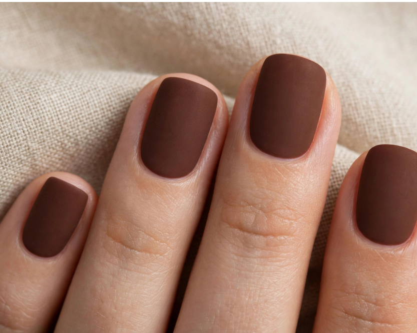 "Brown nail ideas for short nails showcasing rich matte dark brown polish on short square nails."