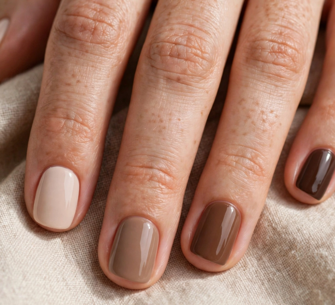 "Brown nail ideas for short nails featuring a gradient skittle manicure with varying shades of nude and brown polish on short square nails."
