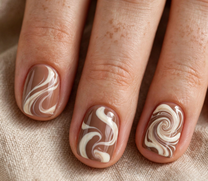 "Brown nail ideas for short nails showcasing glossy mocha brown and cream swirl or abstract line art on short square nails."