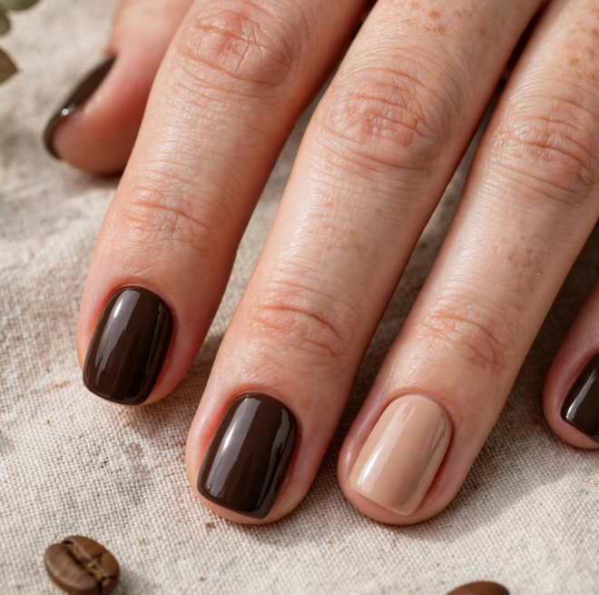 "Brown nail ideas for short nails showcasing glossy dark chocolate brown and light nude contrast polish on short square nails."