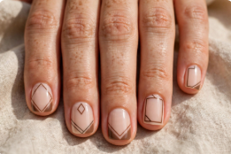 "Brown nail ideas for short nails showcasing geometric brown line art and minimalist shapes on short square neutral nails."