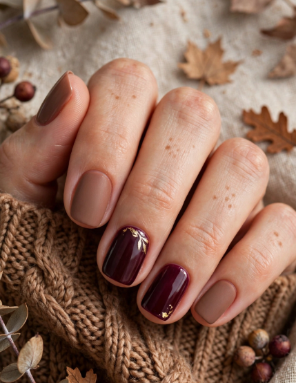 "Brown nail ideas for short nails showcasing glossy dark berry brown polish with gold foil accents combined with matte soft brown tones on short square nails."
