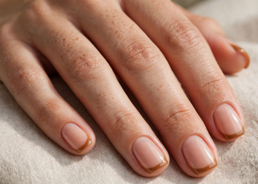 "Brown nail ideas for short nails showcasing classic thin brown French tip manicure on short square neutral nails."