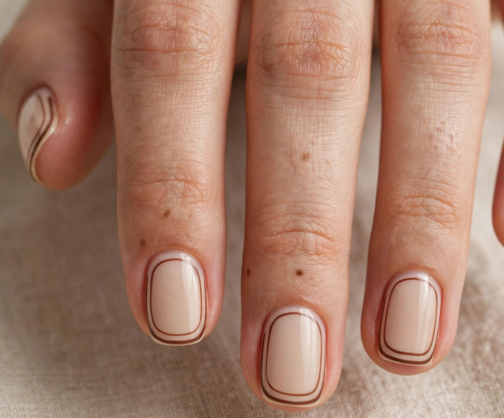 "Brown nail ideas for short nails showcasing minimalist double-lined brown frame borders on short square neutral nails.""Brown nail ideas for short nails showcasing minimalist double-lined brown frame borders on short square neutral nails."