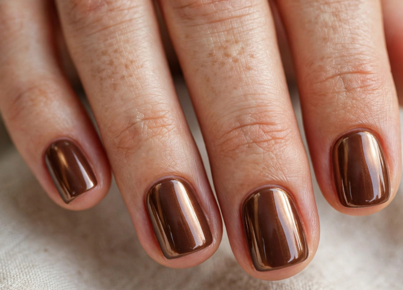 "Brown nail ideas for short nails showcasing ultra-glossy metallic chocolate brown polish with a high-shine glaze on short square nails."