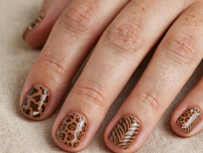 "Brown nail ideas for short nails showcasing glossy animal print nail art with leopard spots and zebra stripes on short square nails."