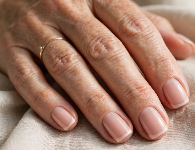 Close-up of elegant short nails for women over 50 featuring a neat, square shape with a glossy nude finish and a delicate French tip, resting against a soft fabric background.