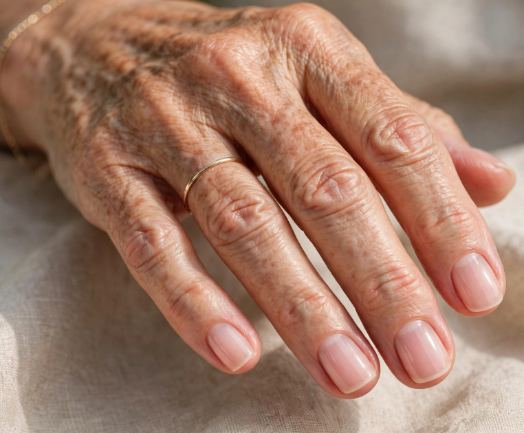 Close-up shot featuring elegant short nails for women over 50 with a clean, glossy nude finish and a simple gold ring, resting on a soft fabric surface.