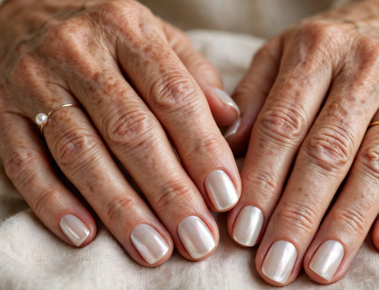 Close-up shot displaying elegant short nails for women over 50 with a luminous pearl-white chrome finish and a delicate pearl ring, resting on a textured fabric background.