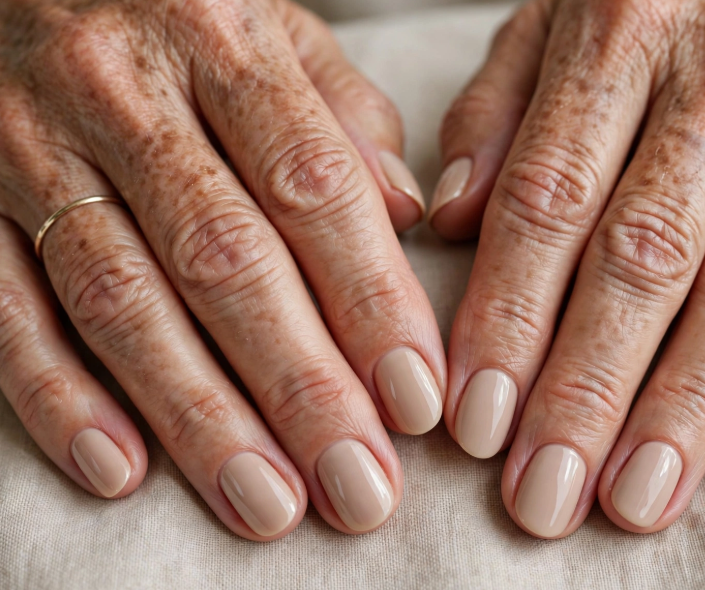 Close-up shot showing elegant short nails for women over 50 styled with a polished, glossy beige-nude solid coat and a simple thin gold ring.
