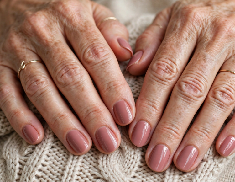 Close-up shot featuring elegant short nails for women over 50 styled in a glossy, dusty rose pink finish with thin gold rings, resting on a cozy knit blanket.