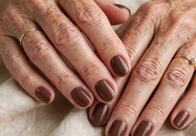 Close-up shot featuring elegant short nails for women over 50 styled in a glossy, rich dark burgundy red solid finish, resting against a soft neutral fabric background.