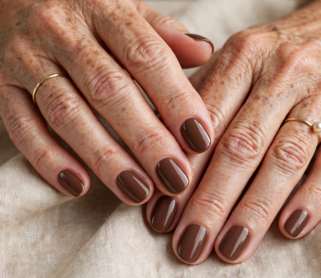 Close-up shot featuring elegant short nails for women over 50 styled in a glossy, rich dark burgundy red solid finish, resting against a soft neutral fabric background.