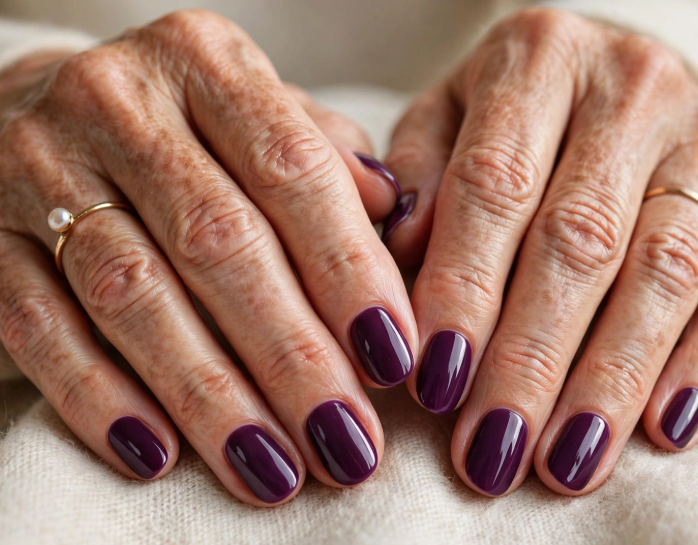 Close-up shot featuring elegant short nails for women over 50 styled in a deep, glossy dark plum or berry purple polish with a pearl ring, resting on a soft textured fabric background.