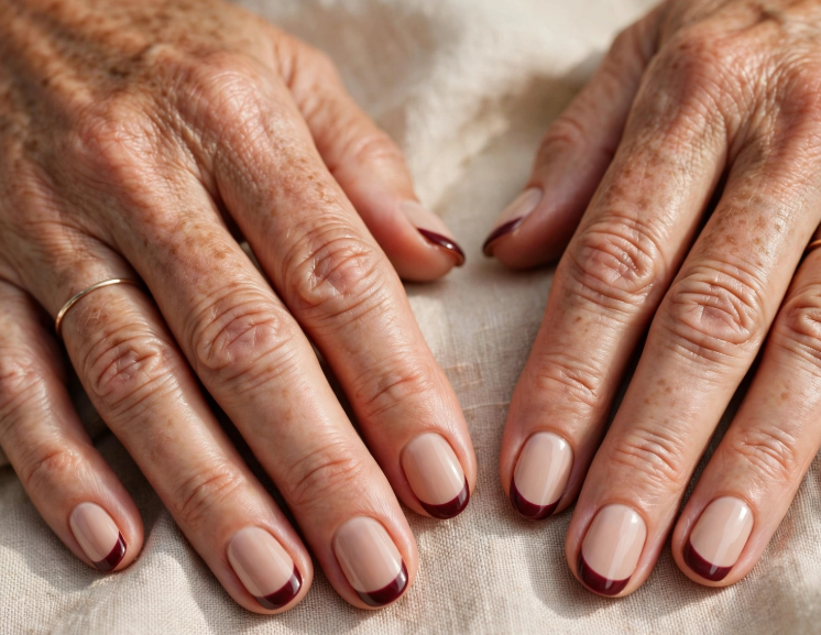 Close-up shot featuring elegant short nails for women over 50 styled with a glossy nude base and dark burgundy French tips, accented with thin gold rings on a soft fabric background.