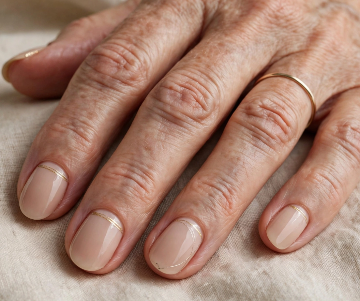 Close-up shot featuring elegant short nails for women over 50 styled with a glossy nude base and delicate metallic gold line accents near the cuticles, paired with a thin gold ring on a soft fabric background.