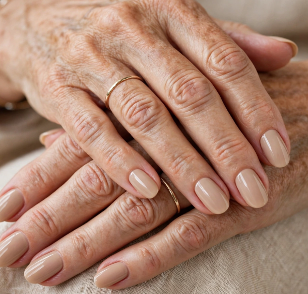 Close-up shot featuring elegant short nails for women over 50 styled in a glossy, smooth caramel nude solid finish with thin gold rings on a neutral fabric background.