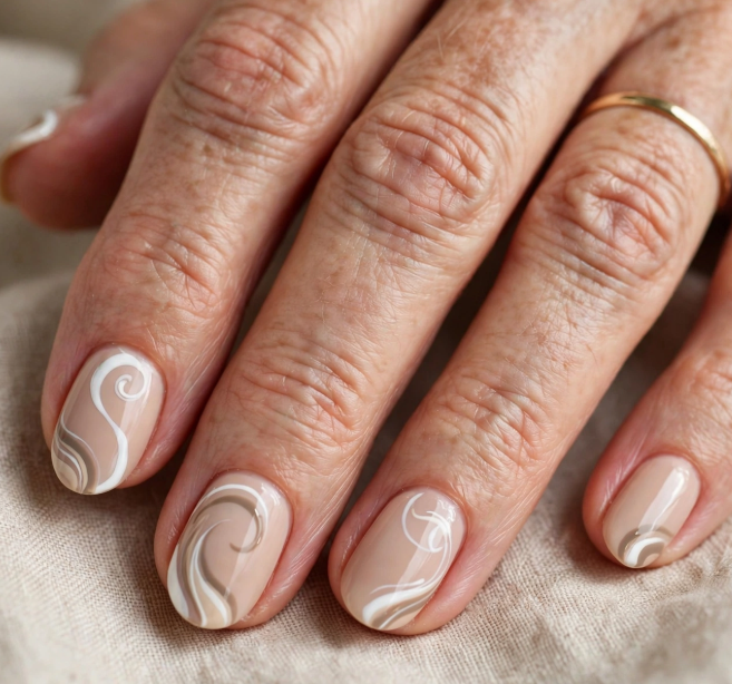 Close-up shot featuring elegant short nails for women over 50 styled with a glossy nude base and artistic white and beige swirl patterns, accented with a thin gold ring on a soft fabric background.
