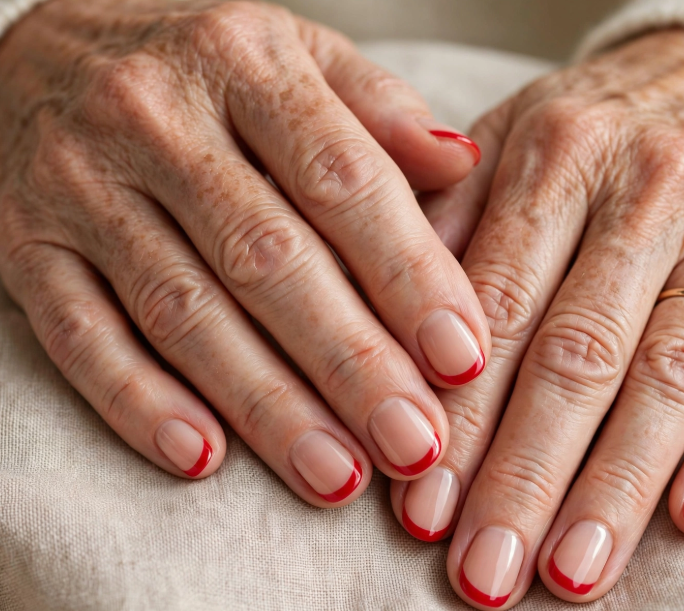 Close-up shot featuring elegant short nails for women over 50 styled with a glossy nude base and vibrant red French tips, resting against a soft fabric background.