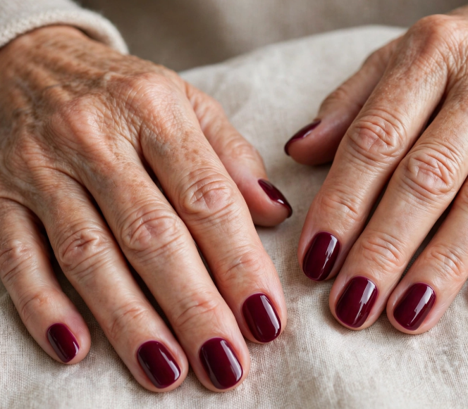 Close-up shot featuring elegant short nails for women over 50 styled in a glossy, rich dark burgundy red solid finish, resting against a soft neutral fabric background.