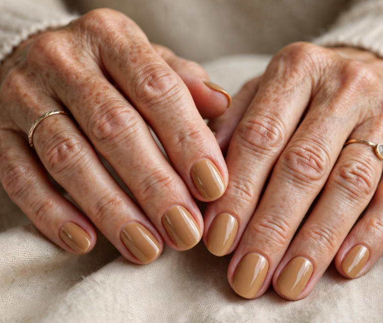 Close-up shot featuring elegant short nails for women over 50 styled in a glossy, warm caramel-tan solid polish with gold rings, resting on a soft fabric background.