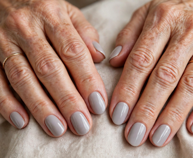 Close-up shot featuring elegant short nails for women over 50 styled in a glossy, smooth light gray solid polish with a thin gold ring, resting against a soft fabric background.