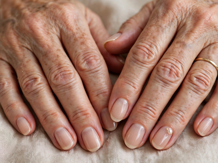 Close-up shot featuring elegant short nails for women over 50 styled with a glossy, natural translucent nude finish and a tiny pearl accent, resting against a soft fabric background.