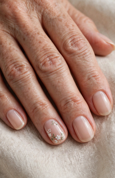 Close-up shot featuring elegant short nails for women over 50 styled with a glossy nude base and a delicate hand-painted white floral accent nail, resting against a soft fabric background