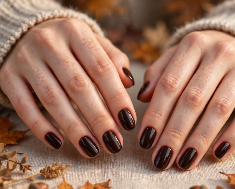 25 Short Fall Nail Ideas for 2026: Chic, Classy & Easy Designs Short fall nail ideas 2026 showcasing clean, short rounded nails painted in a glossy dark espresso brown polish, worn with a cozy knit sweater against a backdrop of autumn leaves.
