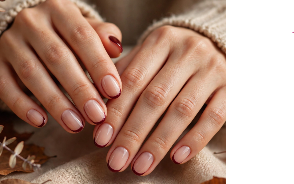 25 Short Fall Nail Ideas for 2026: Chic, Classy & Easy Designs Short fall nail ideas 2026 featuring short, natural-looking nails with thin dark burgundy French tips, styled with a cozy knit sweater and autumn leaves background.